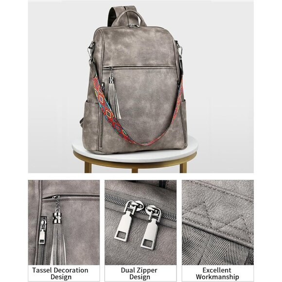 Women's Grey  Retro Style Backpack Designer 15.6 inch PU Leather Laptop Bags - Picture 5 of 9